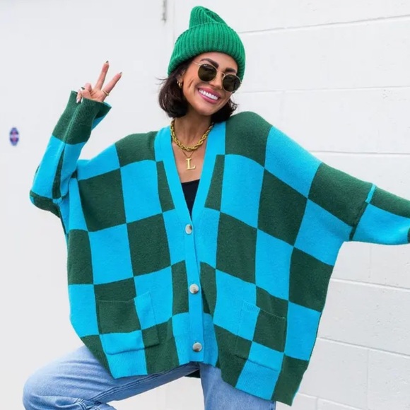 Dressed in LALA Sweaters - Dressed in Lala Love You Oversize Checkerboard Cardigan. Size S/M. NWT.